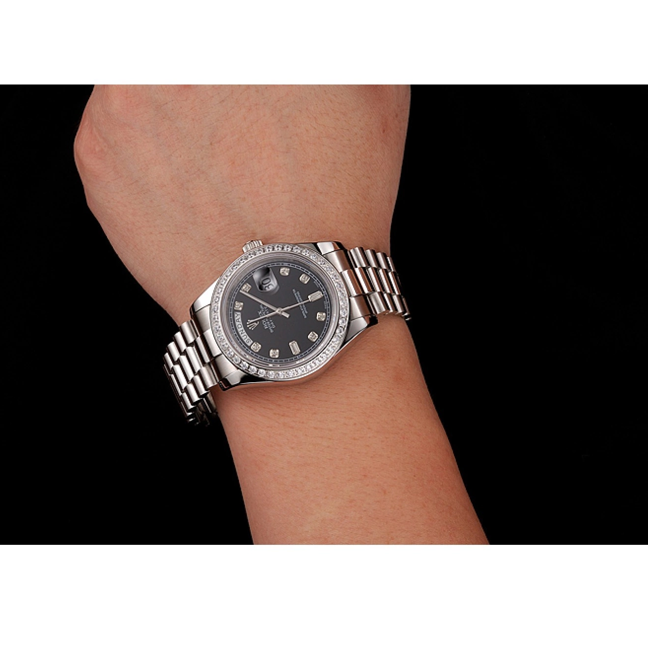 Good copy rolex watches Numerals 1453966 Day-Date Case Dial Black Swiss Rolex Bracelet Steel Stainless Diamond Diamond 0821